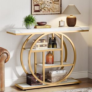 Mesa Consola Moderna SENYU Dorada con Tapa de Mármol y Estante Circular de Almacenamiento para Entrada o Sala de Estar - Product Image 6