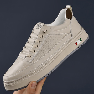 Zapatillas Casuales Transpirables para Hombre, Tacón Bajo, Suela de Goma, Zapatos de Cuero Blanco, Estilo Informal, Detalle de Costuras, Estilo Moderno - Product Image 1