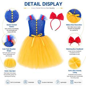 Costume de princesse tutu pour enfants, bleu et jaune, en tulle, pour fête d'anniversaire, Halloween, déguisement avec bandeau rouge à nœud - Product Image 5