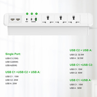Multiprise universelle encastrable 3 prises CA 65W PD USB-C, rallonge de bureau dissimulée dans les meubles, prise de données