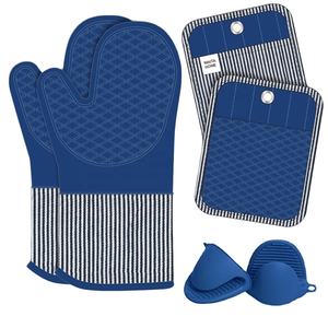 Ensemble de maniques de cuisine et de protège-plats en silicone bleu à rayures, résistant à la chaleur, pour la cuisson et la pâtisserie - Product Image 1