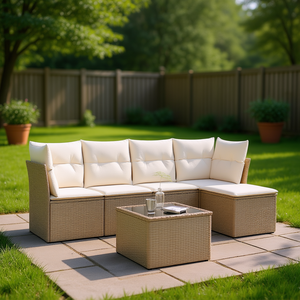 ชุดโซฟาสวนกลางแจ้งสีเบจพร้อมโครงหวาย PE และเบาะโฟมความหนาแน่นสูง ดีไซน์ร่วมสมัย กันน้ำ สำหรับใช้ในลานบ้าน - Product Image 2