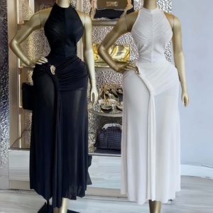 J3599 Abito Estivo Trendy da Donna, <span class=keywords><strong>Vestito</strong></span> <span class=keywords><strong>Aderente</strong></span> a Mezza Lunghezza, Elegante e Sexy con Collo Halter Senza Maniche e Arricciature - Product Image 1