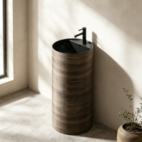 Lavabo sur colonne rond en marbre brun à effet superposé, monobloc autoportant, avec robinet mitigeur haut noir pour hôtel et villa