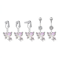 Anneaux de nombril pendantes Papillon Lune Planète en acier inoxydable plaqué argent avec clip CZ, bijoux de nombril pour mariage