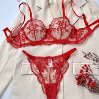 Conjunto de Lencería Sexy con Bordado Floral y Malla Transparente, Cómodo y Sencillo, con Sujetador Push-Up Erótico y Braguitas