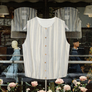 Blusa sin mangas a rayas para mujer, cuello redondo, botones al frente, top informal, primavera-verano, corte holgado, 100% algodón popelín tejido - Product Image 3