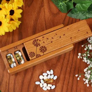 Pill Box 7 Day Organizer Dandelion Puff Wooden Pill Container with Lacquer & Oil Finish Wood Pill Box 7 Day Sun And Moon Day box