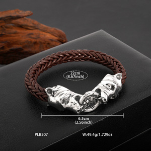 Bracelet en alliage tête de loup, en cuir tressé, design du zodiaque animal, pour hommes et femmes, bijoux - Product Image 2