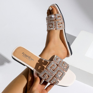 Women One Strap Rhinestone Flat Slippers Summer Casual Beach <b>Slides</b> <b>Large</b> Size Fashion Outdoor Sandals - Product Image 6