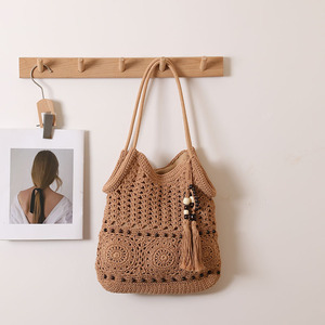 Bohème fait à la main coton Crochet <span class=keywords><strong>sac</strong></span> <span class=keywords><strong>Beige</strong></span> marron gland décoration été plage vacances Shopping épaule Crochet <span class=keywords><strong>sac</strong></span> pour les femmes - Product Image 3
