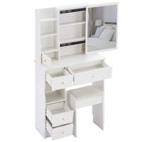 Table de maquillage moderne à grande capacité avec panneau en pin, tabouret rembourré, et rangement coulissant extra large pour chambre à coucher