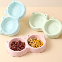 Gamelle double intégrée pour animaux de compagnie avec base antidérapante, motif chat de dessin animé, plusieurs couleurs pastel, pour aliments et eau, pour chats d'intérieur et petits animaux