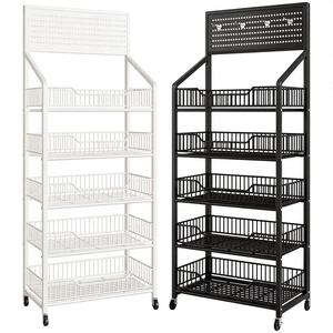 Estante de Exhibición de 5 Niveles con Cestas de Alambre para Supermercado, Estantería Móvil para Snacks con Ruedas, Soporte Metálico para Pan con Panel Perforado para Tiendas Minoristas - Product Image 2