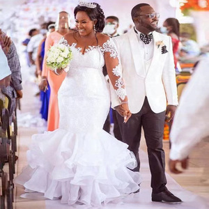 African Cross Border Bride Wedding Dress Plus Size Slim Fit Mermaid Train Sweetheart Neckline Ruffles Pure White - Product Image 1