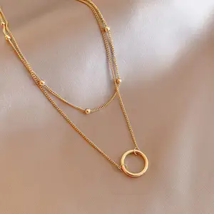 New Gold Plated Two Layer Round Circle Pendant Necklace Waterproof Stainless Steel Beads Chain Geometric Circle Necklace