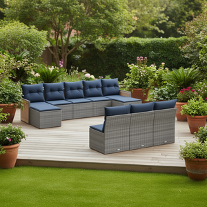 D0100X3MU0X Set Divano da Giardino in Polyrattan Grigio con Cuscini, 10 Posti, Arredamento da Esterno, Design Contemporaneo con Pannelli in Teak - Product Image 2