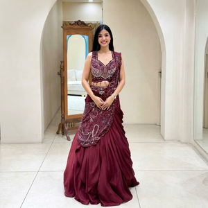 Ensemble de sari Lehenga sans manches brodé marron pour femmes, avec volants, longueur au sol, tenue de mariage indienne pakistanaise - Product Image 1