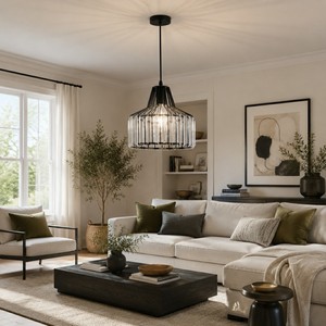E27/<b>E26</b> Minimalist Crystal Chandelier Modern Iron Pendant Light Adjustable Height for Kitchen Island Dining Room Bar Black - Product Image 2