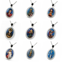 TIMEMUSE Pendentif Catholique en Lapis Lazuli, Cœur Sacré de Jésus, Divine Miséricorde, Vierge Marie, Peinture à la Main sur Pierre Précieuse, Série-XMH007