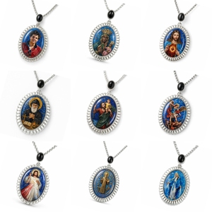 TIMEMUSE Colgante Católico de Lapislázuli con Sagrado Corazón de Jesús, Divina Misericordia y Virgen María, <span class=keywords><strong>Serie</strong></span> Pintado a Mano sobre Piedra Preciosa - XMH007 - Product Image 1