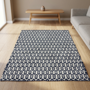 “Handwoven Indigo Navy & <b>Ivory</b> Geometric Diamond Dhurrie <b>Rug</b> – Boho Modern Floor Carpet for Living Room & Bedroom - Product Image 4