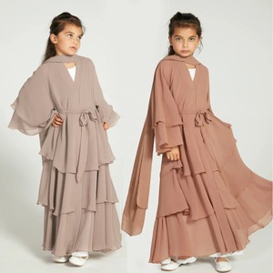 Moda elegante niños sólido Abaya vestido Kaftan conjunto con bufanda niñas pequeñas tres capas gasa bata conjuntos para niños C211 - Product Image 2