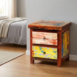 Industrial Vintage Handmade Solid Wood Bedside Table 2 Drawers Home Furniture Dining Bedroom Outdoor <b>Hall</b> Use - Product Image 3