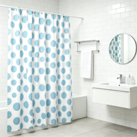 Rideau de douche jetable en PEVA bleu clair à pois, 12 crochets, imperméable, écologique, style américain, résistant aux taches, vente en gros