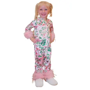 Panki Custom Mama En Ik Elastische Satijnen Nachtkleding Veren Trim Vrouwen Loungewear Sets Kerst Pyjama