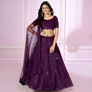 Lehenga Choli con Lentejuelas Moradas Bordadas, Dupatta de Georgette, Cintura Natural, Secado Rápido, Traje Tradicional para Bodas y Fiestas para Mujer - Product Image 1