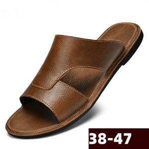 Chaussons en Cuir de Vachette Grande Taille <span class=keywords><strong>47</strong></span> pour Hommes, Tongs d'Été en Cuir Véritable Noir, Sandales de Plage en Cuir pour Hommes - Product Image 2