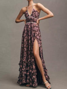 Abito Lungo Estivo 2025 Vintage con Vita Impero, Sexy Schiena Scoperta, Spalline in Chiffon e Orlo Svasato Stampato per Donne - Product Image 3