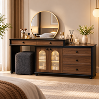 Ensemble de coiffeuse avec miroir rond, portes en rotin, trois tiroirs de rangement, pieds en forme de boule pour chambre à coucher, maison et salon de beauté
