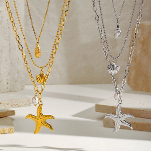 Mode transfrontalière euro-américaine rétro en acier inoxydable plaqué or, collier à trois rangs avec perles d'imitation, étoile de mer et coquillage, pour les amoureux, idéal pour les fêtes - Product Image 4