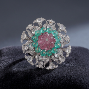 Exquisite Floral Diamond Emerald Bead and Pink Gemstone <b>Statement</b> <b>Ring</b> in White Gold - Product Image 2