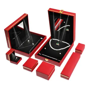 Led jóias caixa preto logotipo ouro carimbo luxo levou colar pacote personalizado anel caixas jóias caixa com espelho