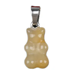 Custom Silver Craved Bear Pendant Natural Yellow Jade Gemstone Polished Necklace for Women Men Handmade Necklace Jewelry