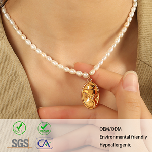 Collier personnalisé en acier inoxydable, élégant, avec perle fraîche, <span class=keywords><strong>pendentif</strong></span> camée ovale vintage, portrait de dame, plaqué <span class=keywords><strong>or</strong></span> 18 carats, pour femme - Product Image 1