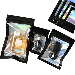 Black Lamination Holographic Clear Window Laser Mylar Zipper Bag For Gifts Cosmetics Coffee Bean Packaging Bag 5x8in