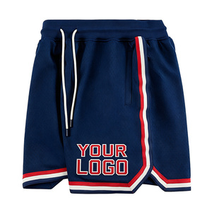Pantalones Cortos de Baloncesto Azul Marino para Niños y Adultos con Franjas Laterales Rojas y Blancas, Cintura con Cordón, Logotipo Personalizado, Ropa Deportiva Informal - Product Image 2