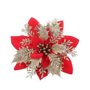 Poinsettia flower christmas artificial with Clips for Xmas Tree Ornaments Red Glitter Gold