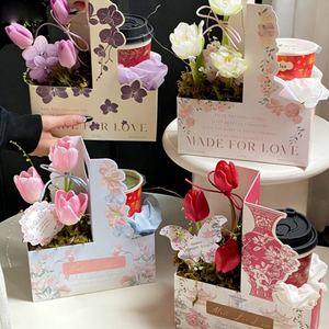 Panier à fleurs simple avec deux tasses à café, arrangement floral, matériel de bricolage floral, bouquet, boîte cadeau avec poignée - Product Image 1