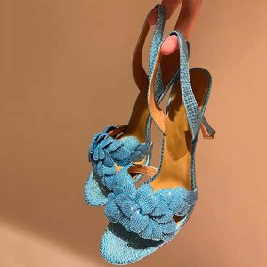 Escarpins d'été à talons aiguilles pour femmes, ornés de strass brillants et de fleurs sur le devant, à bout ouvert et bride arrière - Product Image 2