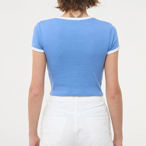 Novedad, Top Corto de Lona para Mujer al por Mayor, Manga Corta de Verano, Transpirable, de Secado Rápido, Hombros Caídos, Logotipo Personalizado - Product Image 3