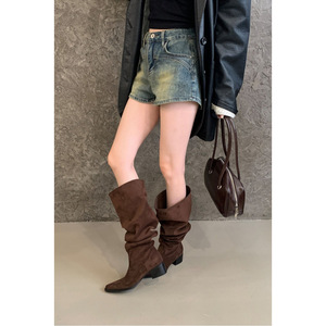 Bottes longues femme 2025 automne-hiver, nouveau modèle, style décontracté, simple, polyvalent, minimaliste, couleur unie, tige large, talon épais, bout pointu - Product Image 2