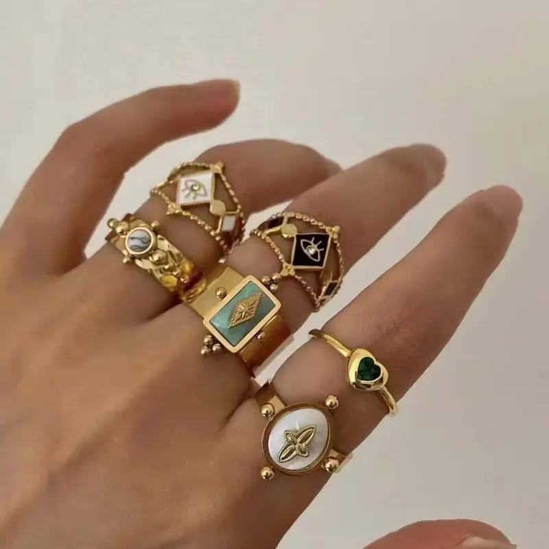 New Fashion Wholesale Gold Plated Open Finger Women Evil Vintage Jewlery Eyes Natural Stone Stainless Steel Shell Ring