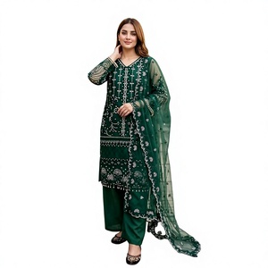 Conjunto de Salwar Kameez Verde Esmeralda Estilo Pakistaní de Moda, Kurti Recto de Georgette Pesado con Bordado de Lujo y Pantalón Palazzo para Fiesta India - Product Image 1