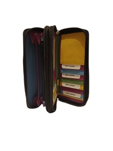 Women's Genuine Leather <strong>Wallet</strong> Black Blue Embroidery Lock Decorative Long Candy Pattern RFID Protection Polyester <strong>Lining</strong> - Product Image 4