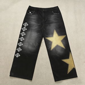 กางเกงยีนส์ผู้ชายขนาดใหญ่พิเศษปักลายผ้ายีนส์ผ้ายีนส์ขาบานแบบเย็บปะติด - Product Image 1